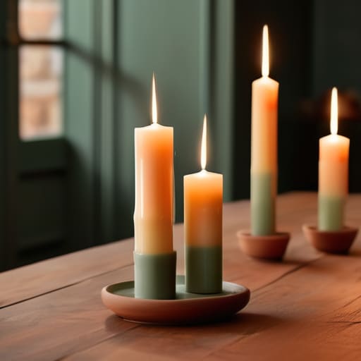 The glow of taper candles on table.