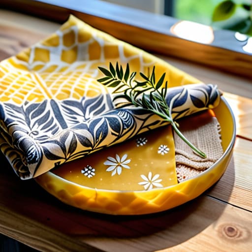 Patterned artisanal beeswax wraps for food storage.
